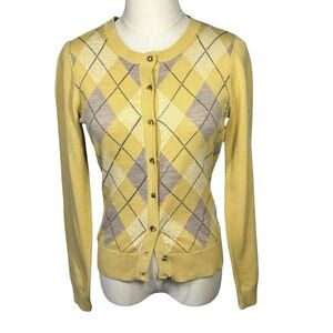 90s Y2K Argyle Knitted Button Cardigan Sz S Preppy Academia Yellow Gray Plaid